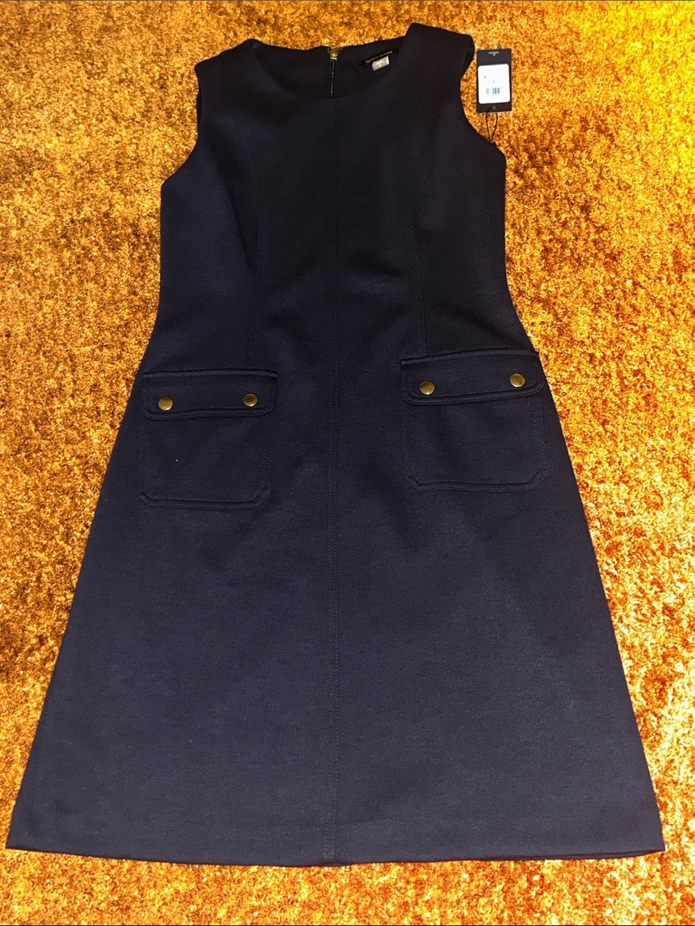 Tommy Hilfiger Navy Sleeveless A-Line Midi Dress with Brass Button Pockets